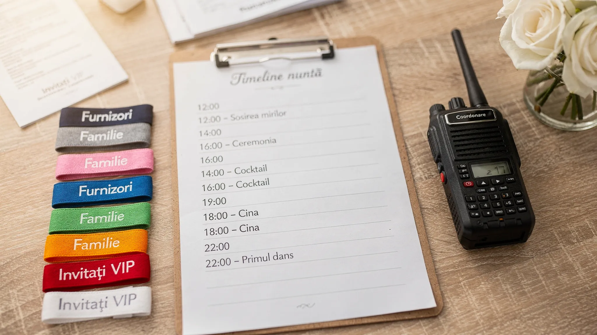 Nuntă Snagov: program recomandat pentru o zi fără timpi morți 3 Un clipboard pe o masă de coordonare în ziua nunții, cu un timeline tipărit pe ore, un walkie-talkie și un set de brățări pentru acces, sugerând organizare și comunicare rapidă între furnizori.