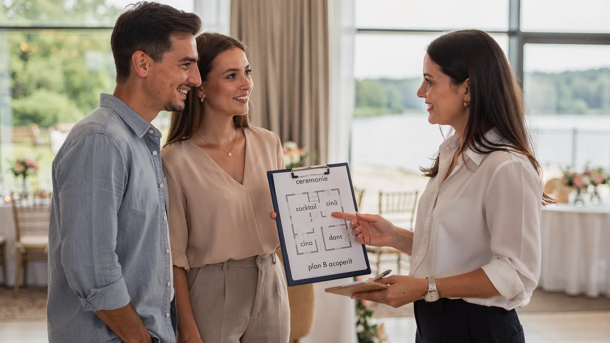 Un consultant de eveniment discută cu un cuplu la o vizionare în Snagov, cu un clipboard și un plan simplu al zonelor: ceremonie, cocktail, cină, dans, plan B acoperit.