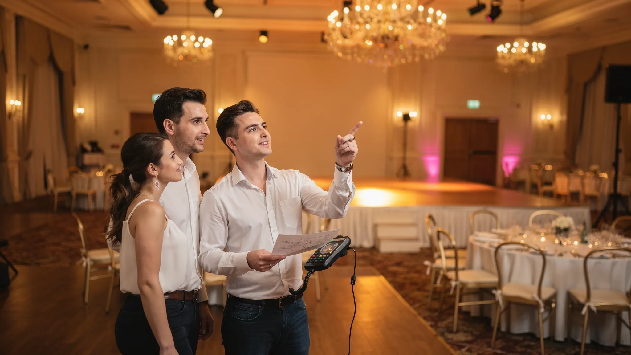Un cuplu și un consultant de evenimente stau într-o sală elegantă și verifică luminile pe zone, în timp ce în fundal se vede ringul de dans și o zonă de mese, fără ecrane vizibile.