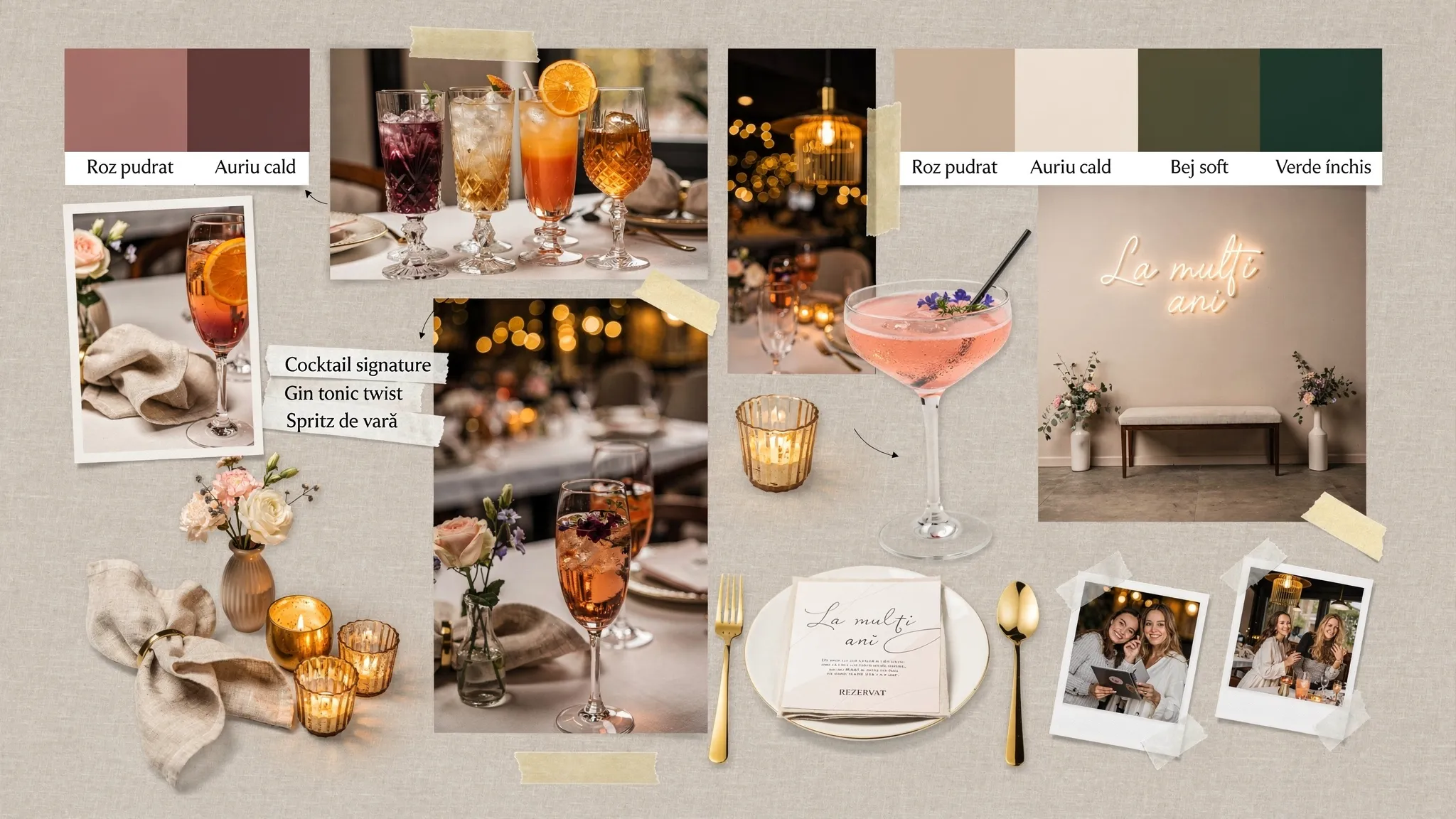 Restaurant aniversare București: idei de concept și bar tematic 3 Un moodboard pentru aniversare într-un restaurant din București, cu paletă de culori, exemple de pahare și cocktailuri signature, elemente de decor de masă, lumini calde și un colț foto minimalist, toate aranjate ca un colaj coerent.