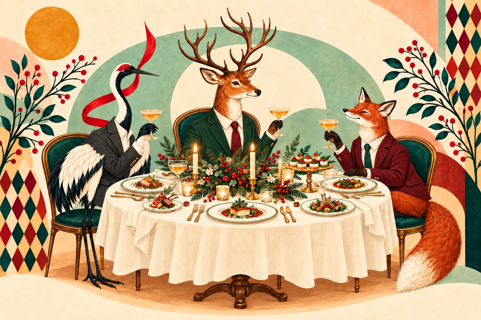 Ilustrație de Crăciun: cocor, cerb și vulpe la cina festivă, la o masă rotundă cu lumânări