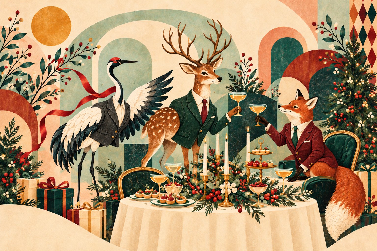Ilustrație de Crăciun: cocor, cerb și vulpe în costume, ciocnind pahare la o masă festivă