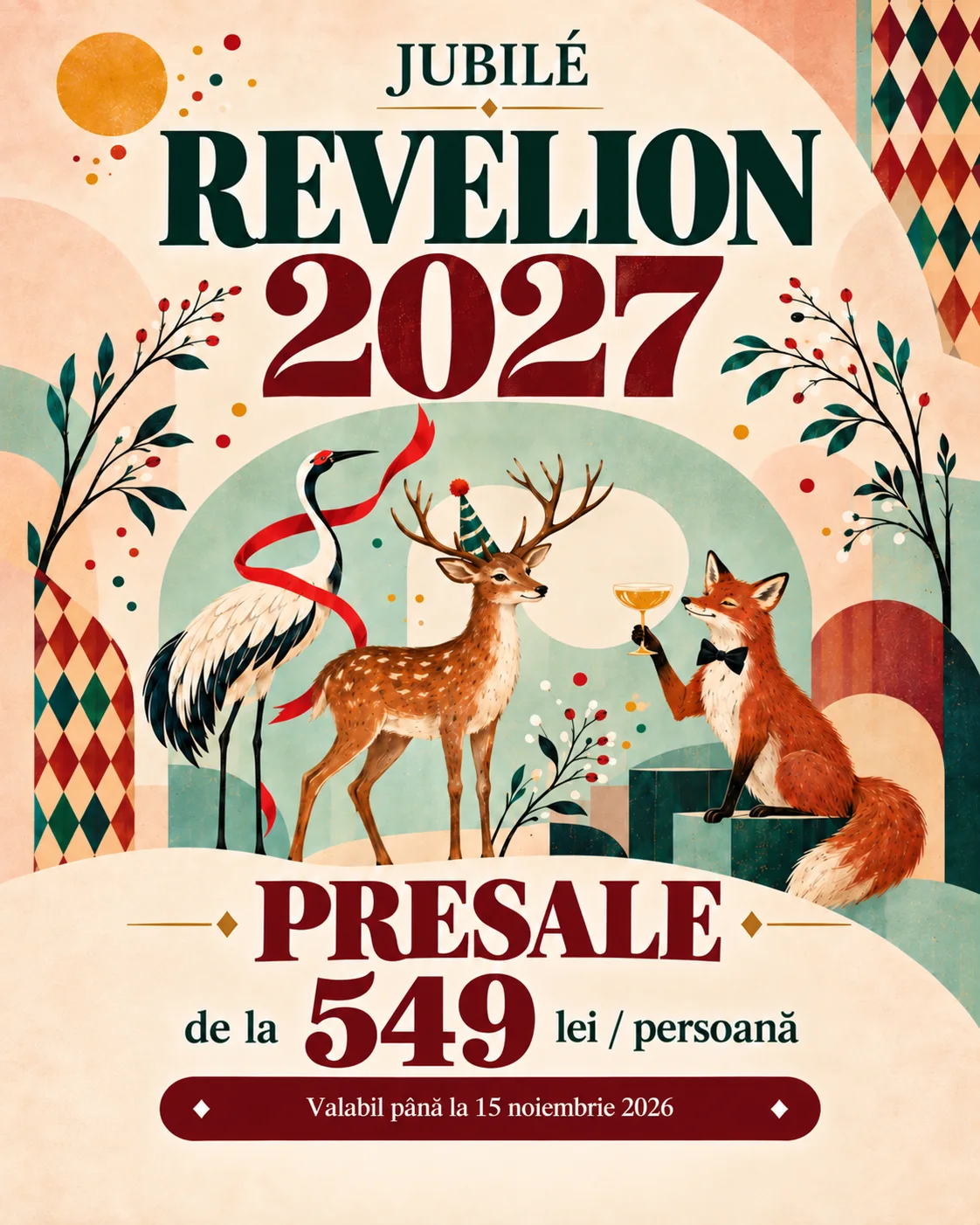 Revelion 2027 11 Jubilé Revelion 2027. Presale de la 549 lei/persoană, valabil până la 15 noiembrie 2026. Cocor, cerb și vulpe în decor festiv.